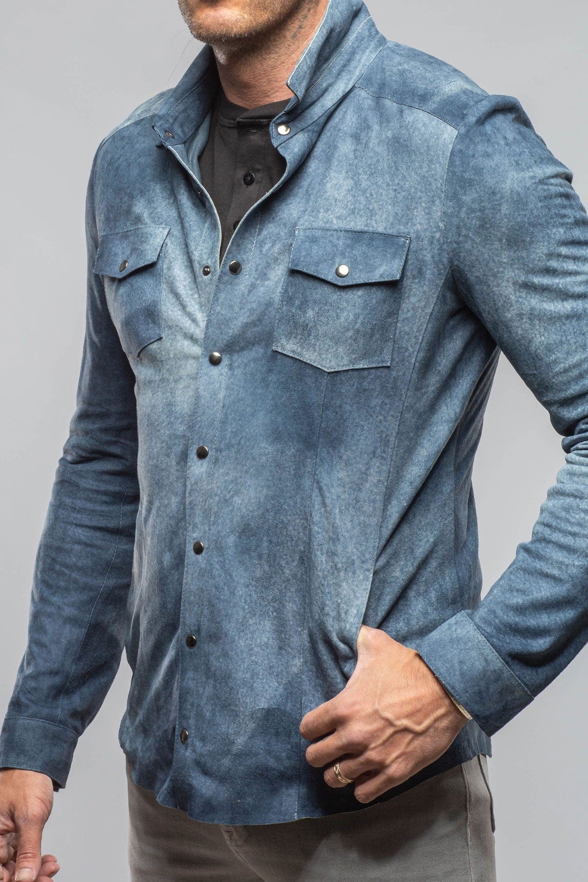 Axel's Florence Collection Bello Distressed Suede Shirt In Blue Mens - Outerwear - Leather