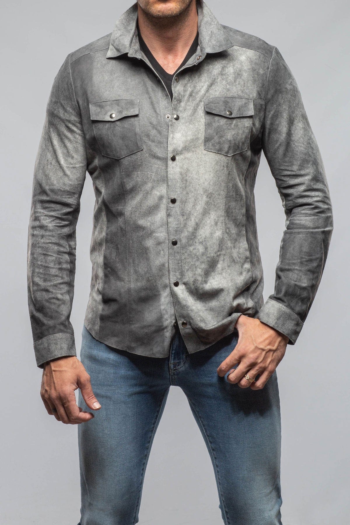 Axel's Florence Collection Bello Distressed Suede Shirt In Grey Mens - Outerwear - Leather