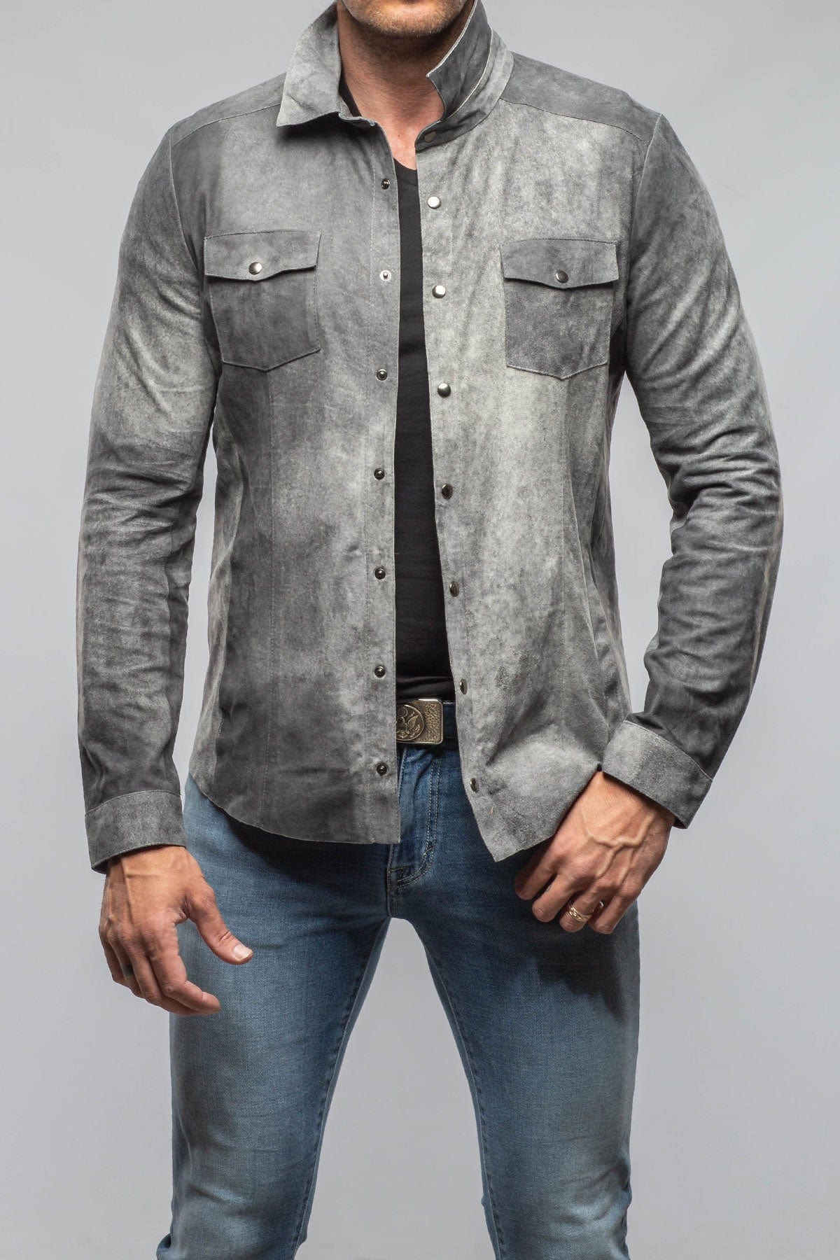Axel's Florence Collection Bello Distressed Suede Shirt In Grey Mens - Outerwear - Leather