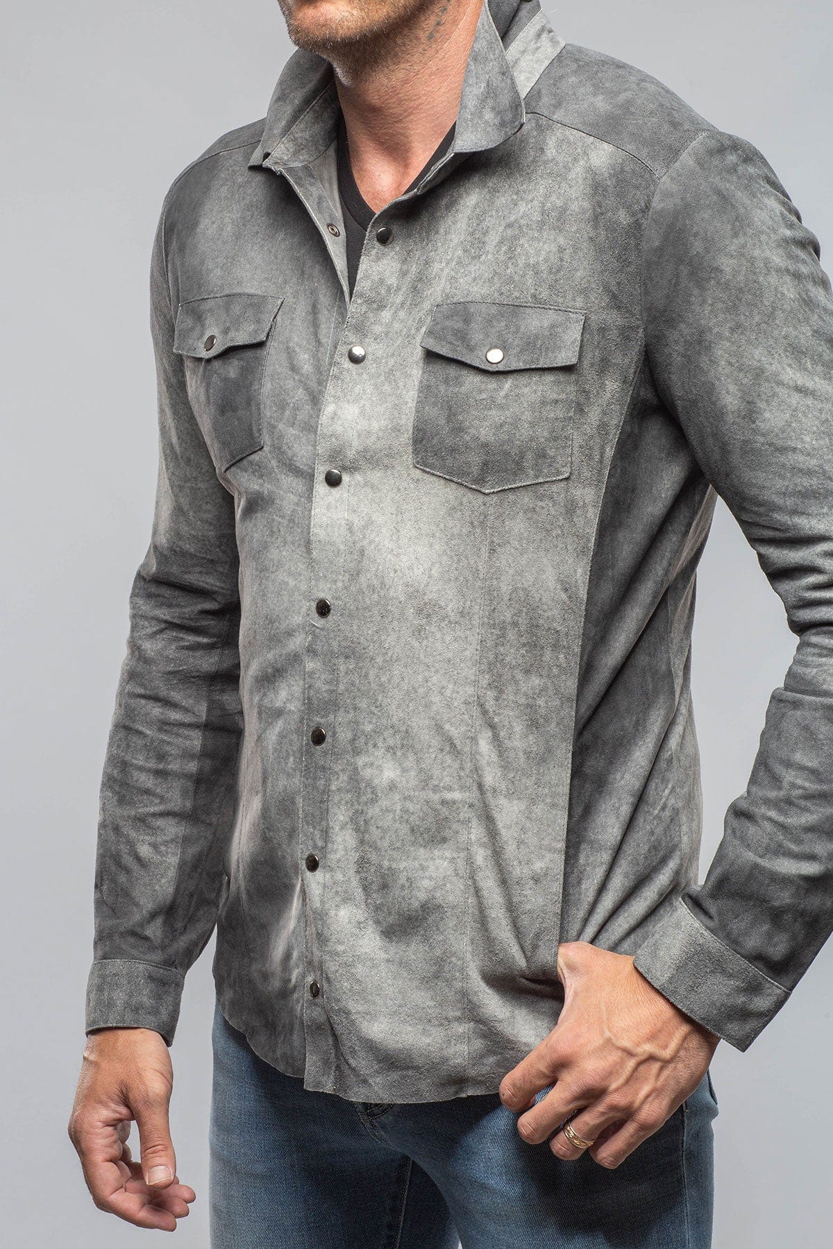 Axel's Florence Collection Bello Distressed Suede Shirt In Grey Mens - Outerwear - Leather