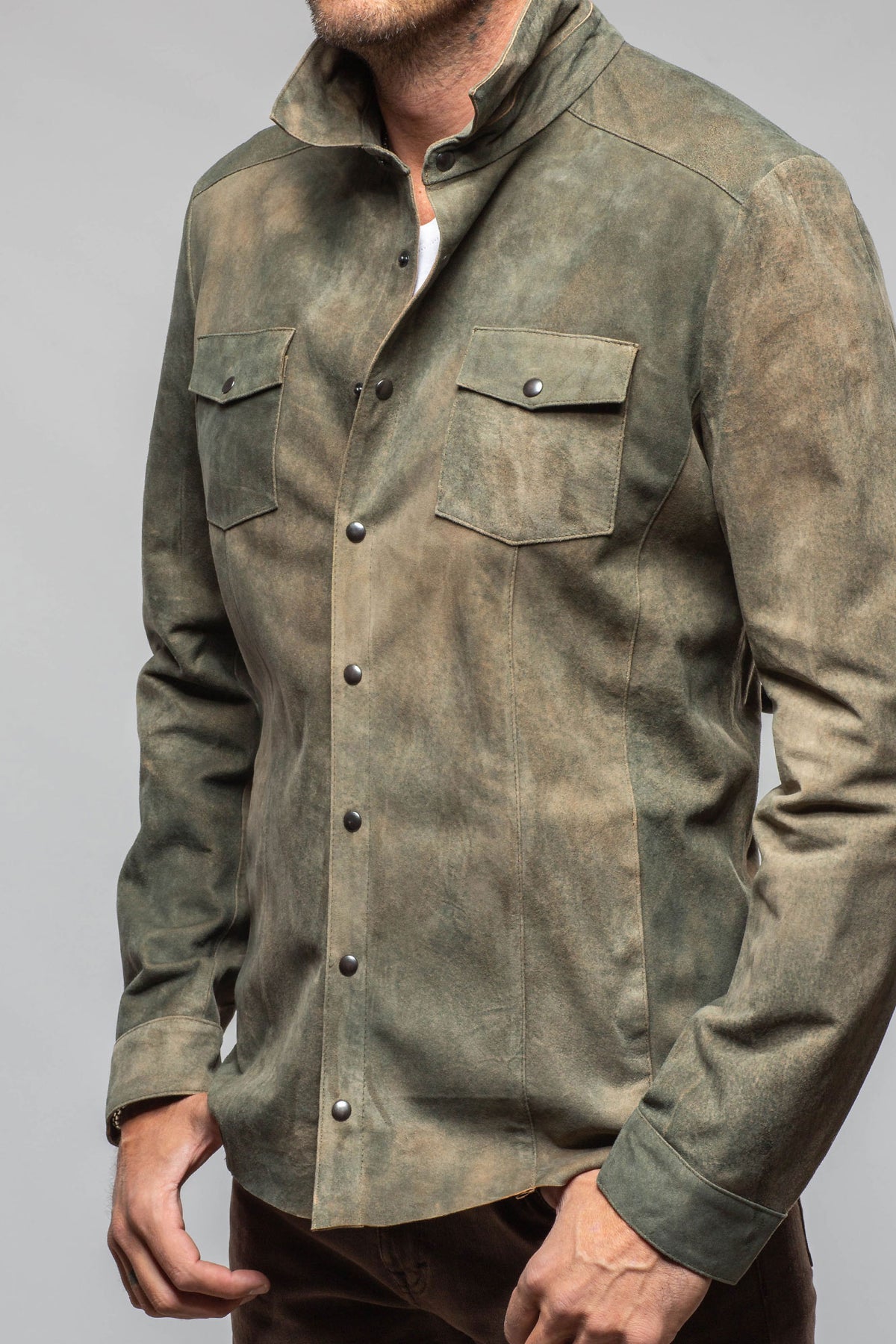 Axel's Florence Collection Bello Suede Shirt In Washed Verde Mens - Outerwear - Leather