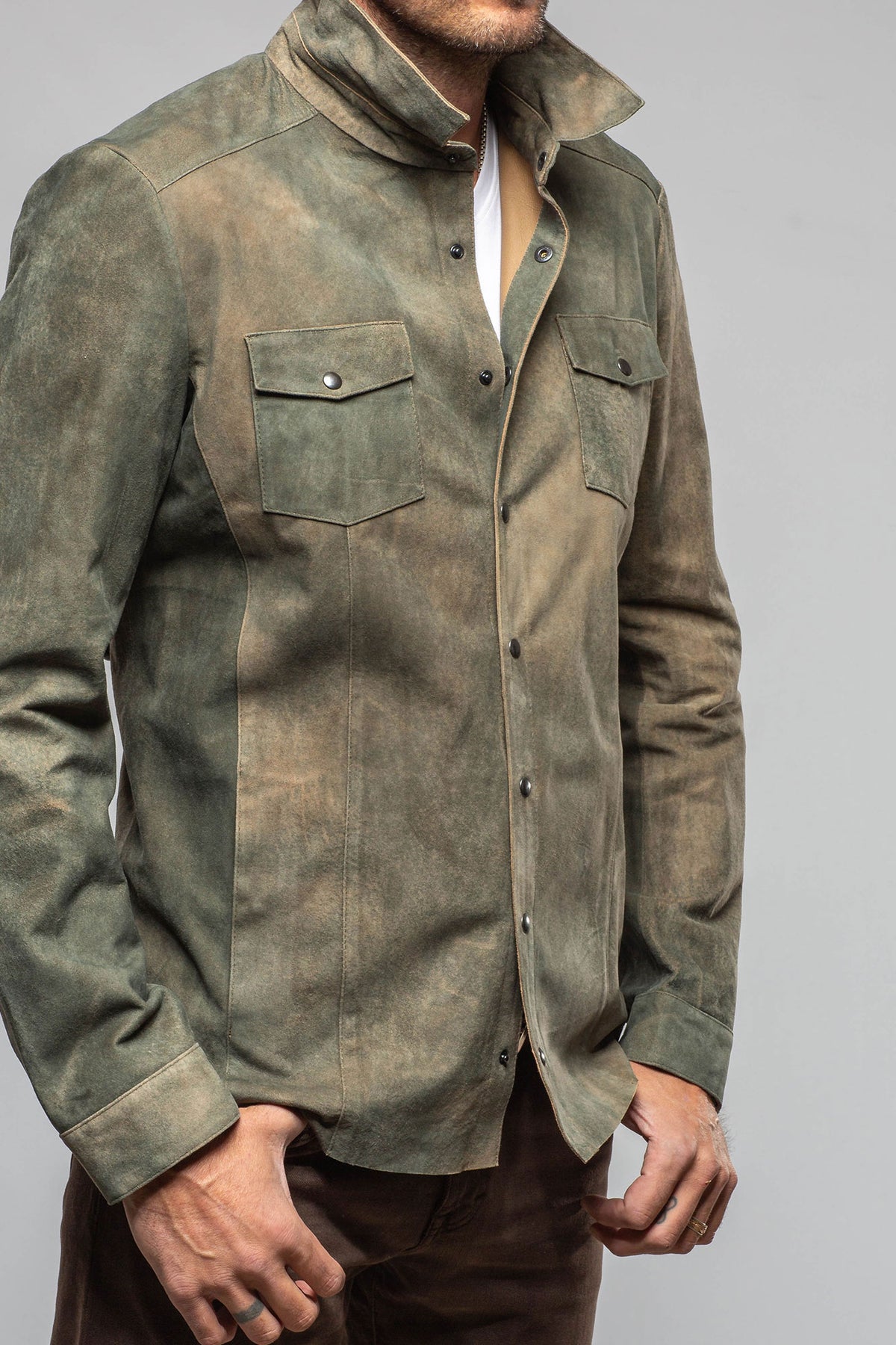 Axel's Florence Collection Bello Suede Shirt In Washed Verde Mens - Outerwear - Leather