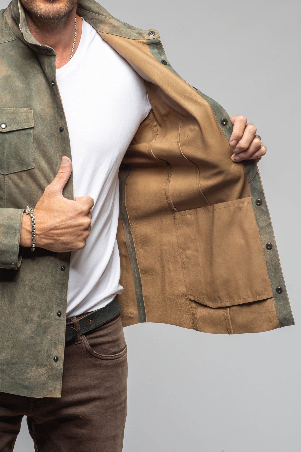 Axel's Florence Collection Bello Suede Shirt In Washed Verde Mens - Outerwear - Leather
