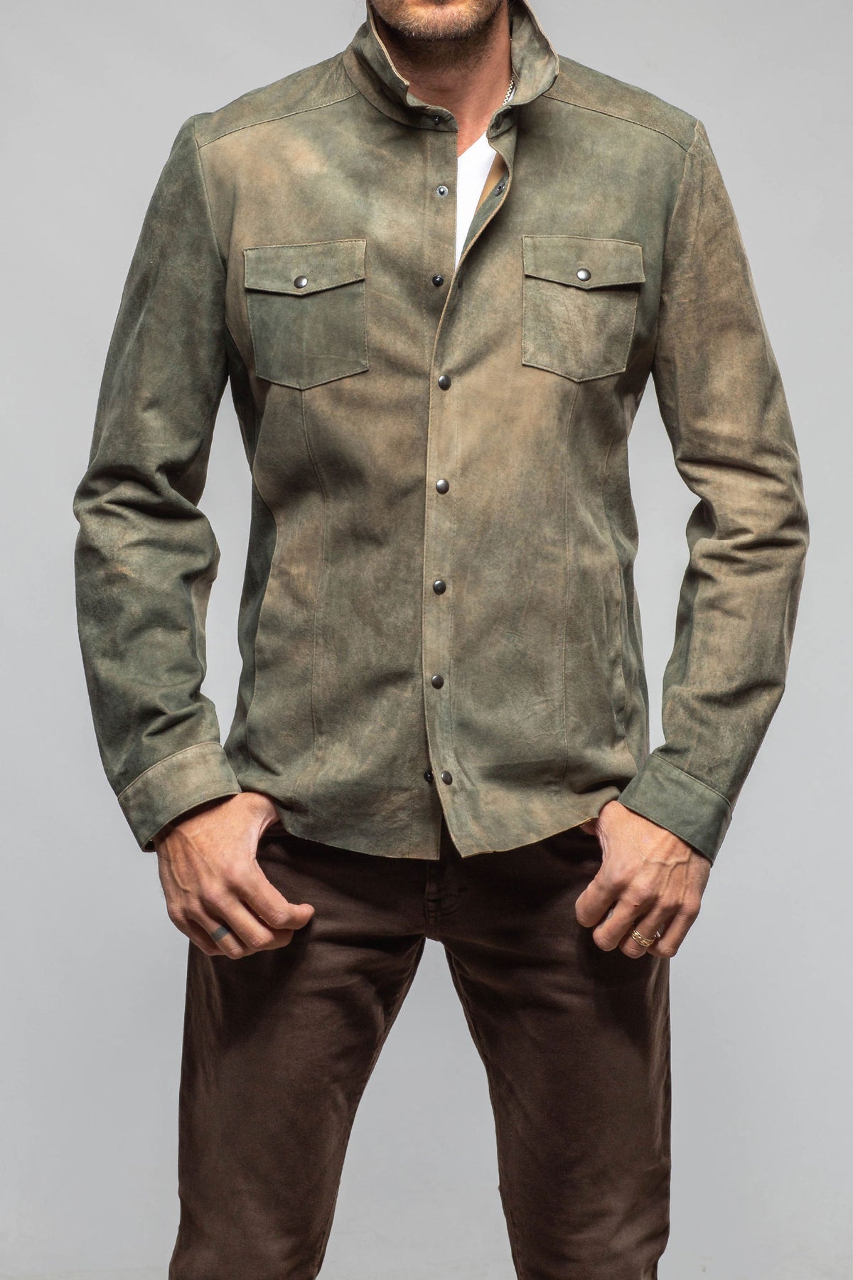 Axel's Florence Collection Bello Suede Shirt In Washed Verde Mens - Outerwear - Leather