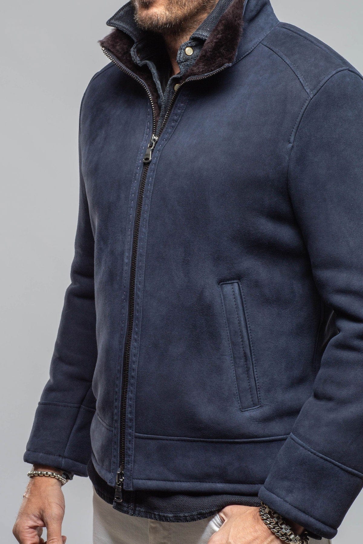 Axel's Florence Collection Bridger Shearling Jacket In Navy Mens - Outerwear - Shearling
