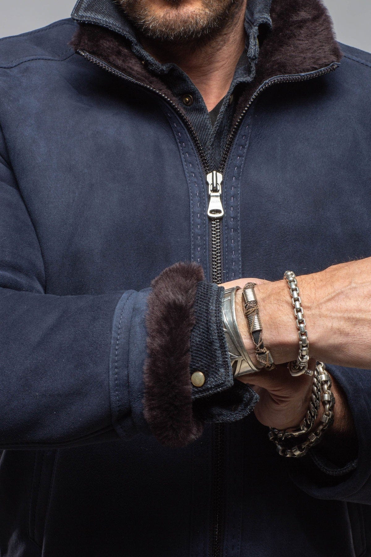 Axel's Florence Collection Bridger Shearling Jacket In Navy Mens - Outerwear - Shearling