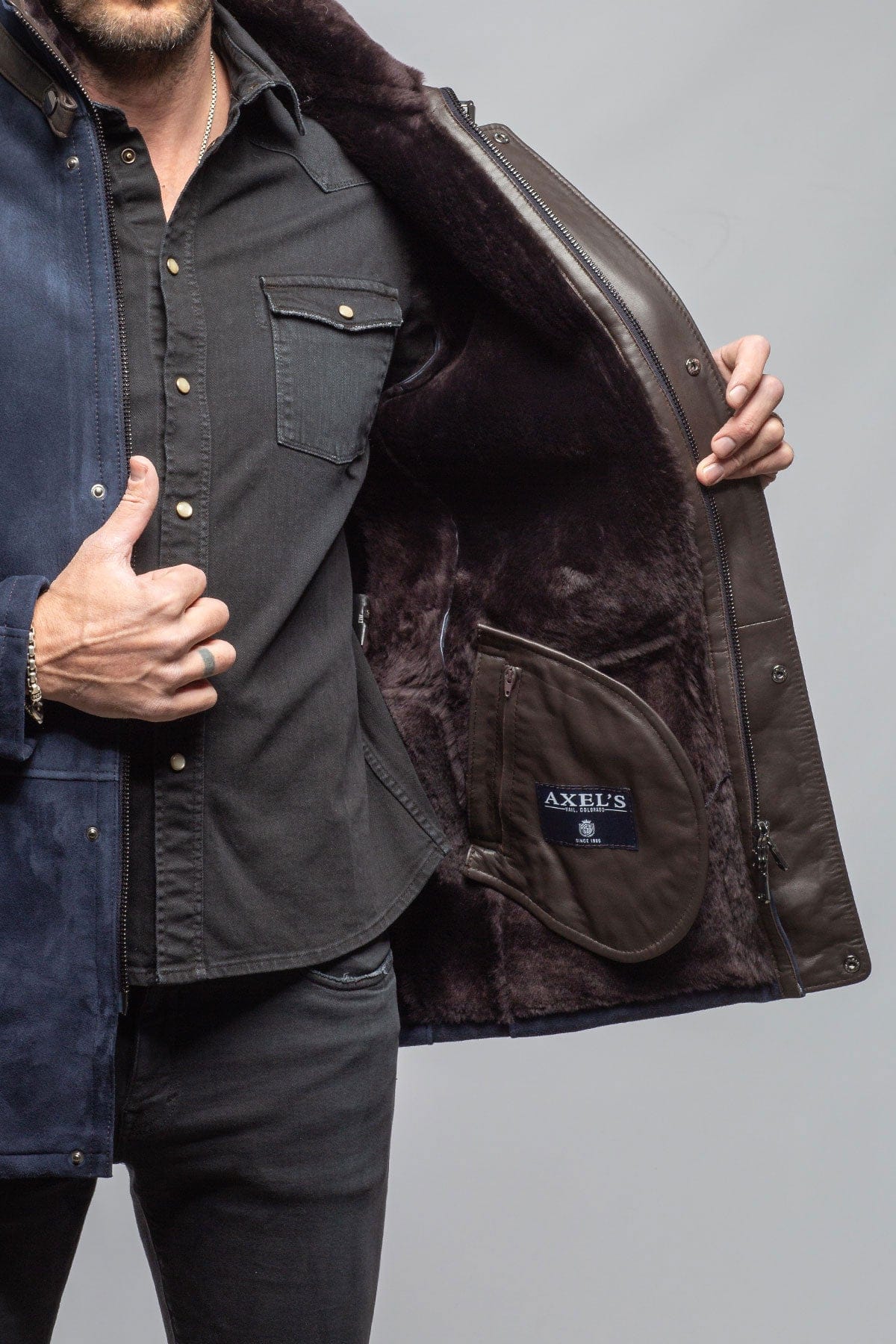 Axel's Florence Collection Gallatin Shearling Coat In Navy Mens - Outerwear - Shearling