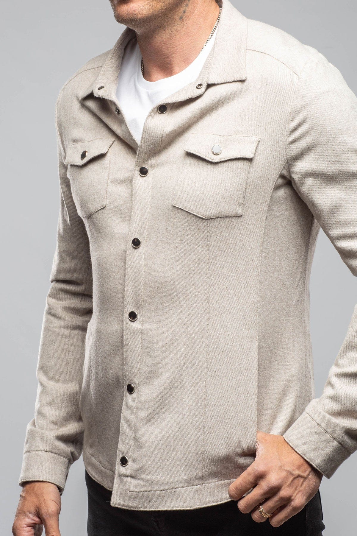 Ashford Lux Cashmere Silk Snap Shirt In Taupe - AXEL'S