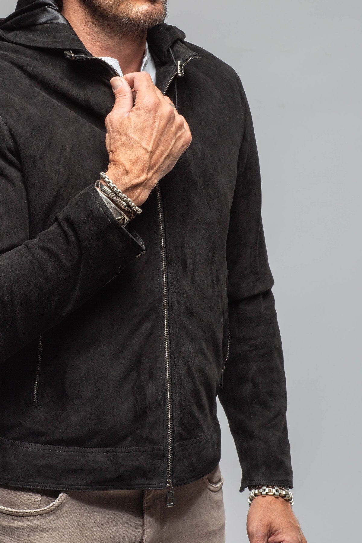 Riva Hooded Suede Jacket In Black - AXEL'S