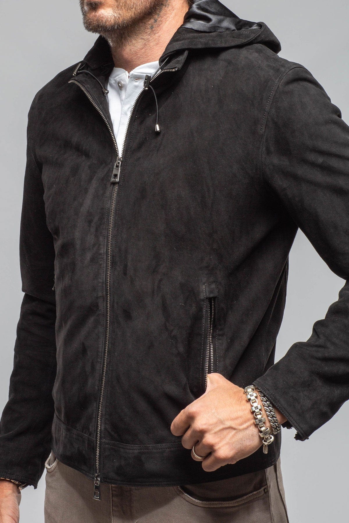 Riva Hooded Suede Jacket In Black - AXEL'S
