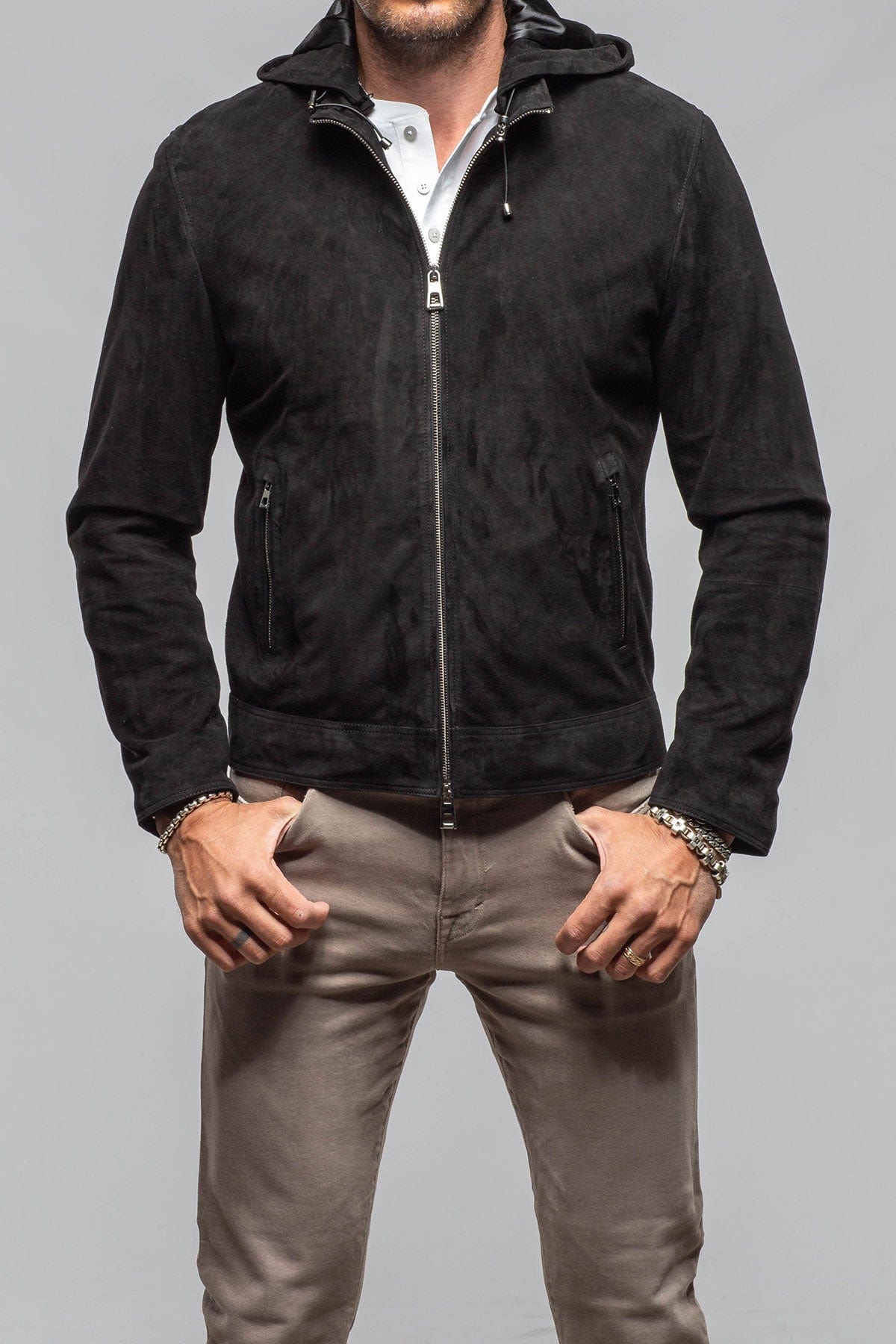 Riva Hooded Suede Jacket In Black - AXEL'S