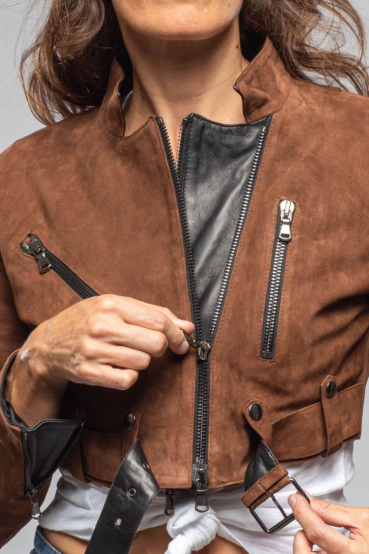 Axel's Florence Collection Stacy Cropped Side Zip In Chestnut & Black Ladies - Outerwear - Leather