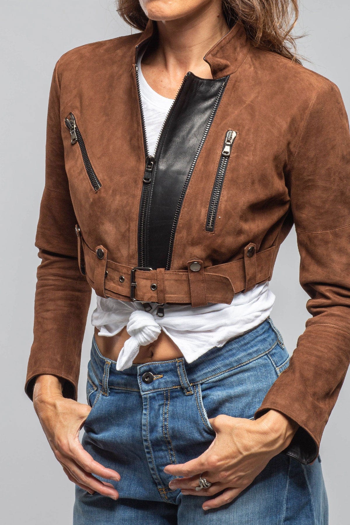 Axel's Florence Collection Stacy Cropped Side Zip In Chestnut & Black Ladies - Outerwear - Leather