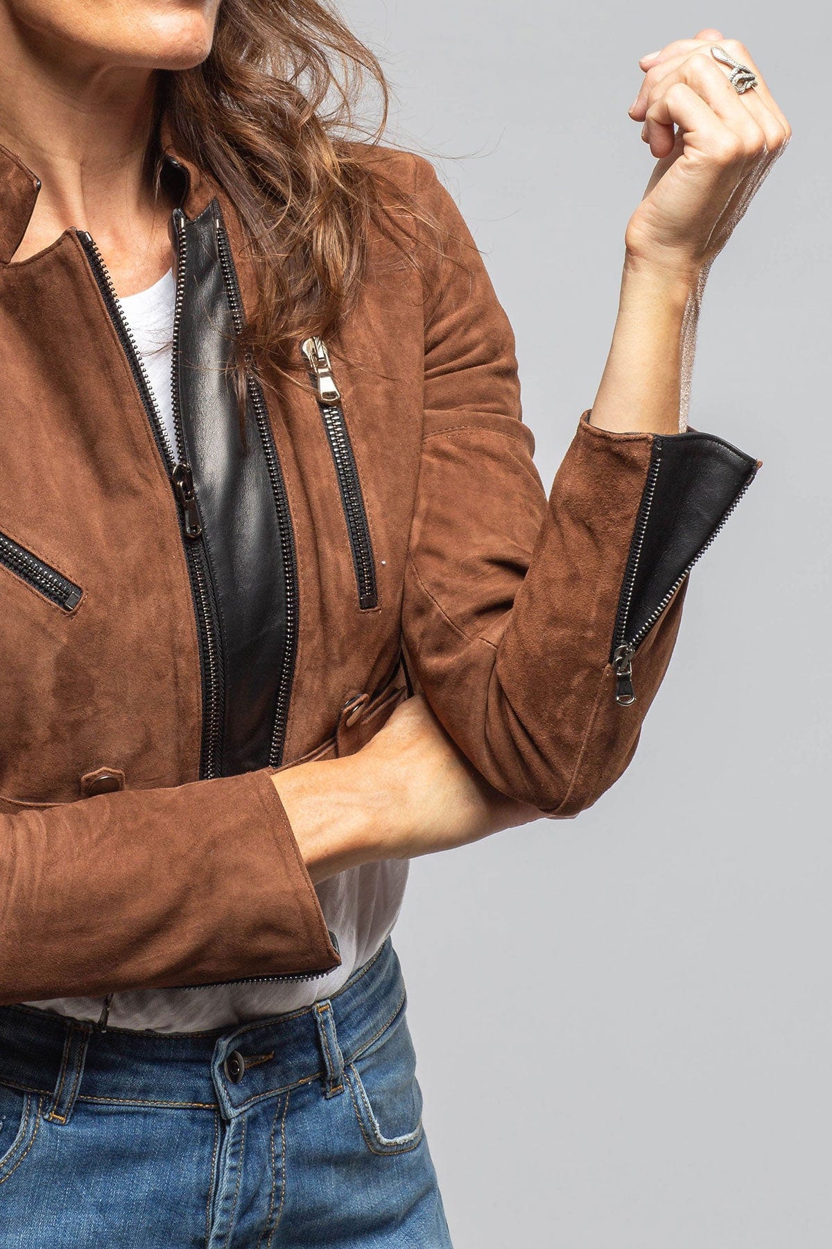 Axel's Florence Collection Stacy Cropped Side Zip In Chestnut & Black Ladies - Outerwear - Leather