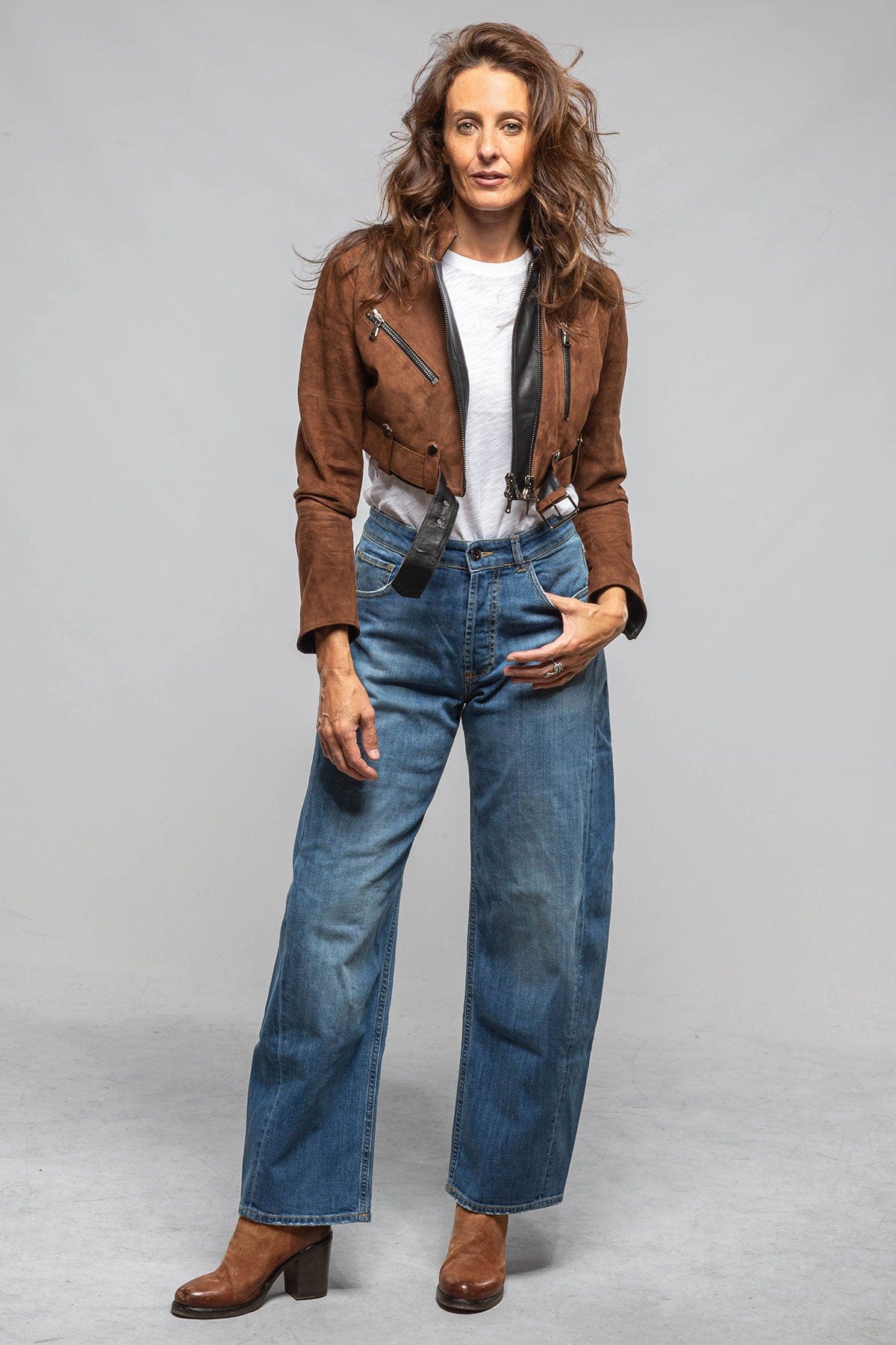 Axel's Florence Collection Stacy Cropped Side Zip In Chestnut & Black Ladies - Outerwear - Leather