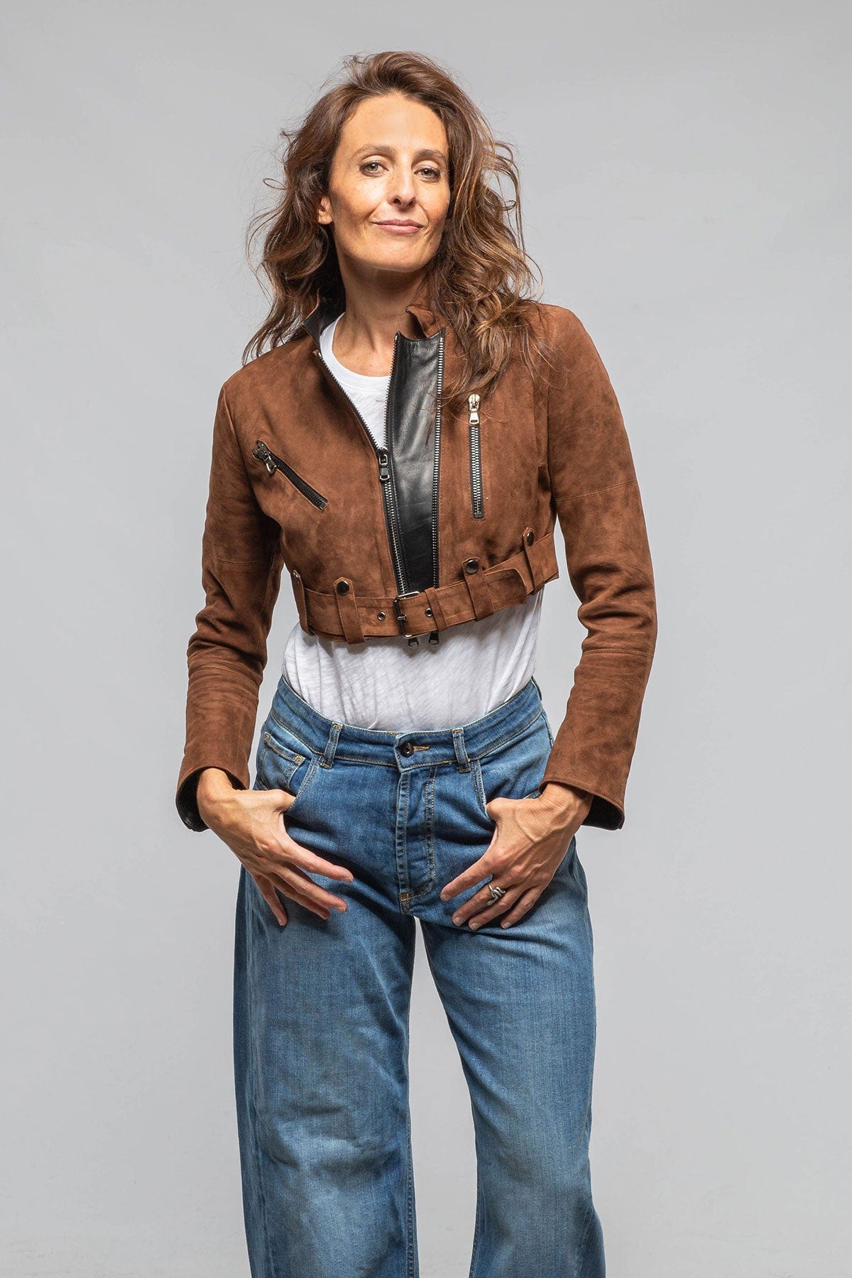 Axel's Florence Collection Stacy Cropped Side Zip In Chestnut & Black Ladies - Outerwear - Leather
