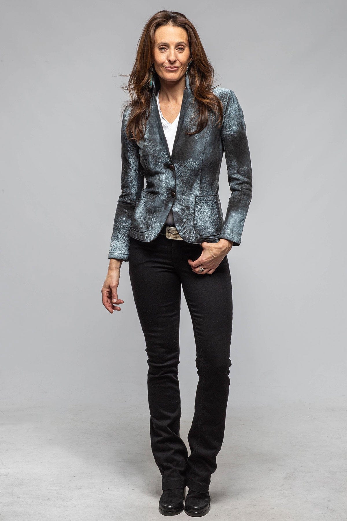 Greta Distressed Leather Blazer In Charcoal - AXEL'S