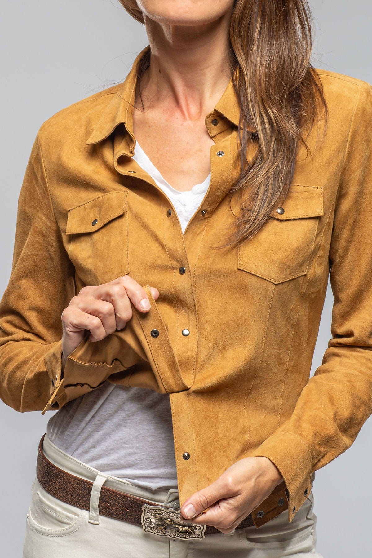 Axel's Florence Collection Giulia Suede Snap Shirt in Camel
