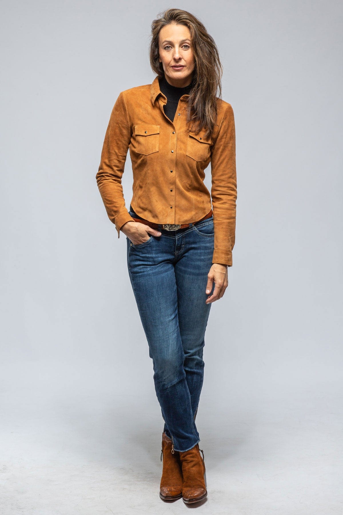 Giulia Suede Snap Shirt in Whiskey - AXEL'S