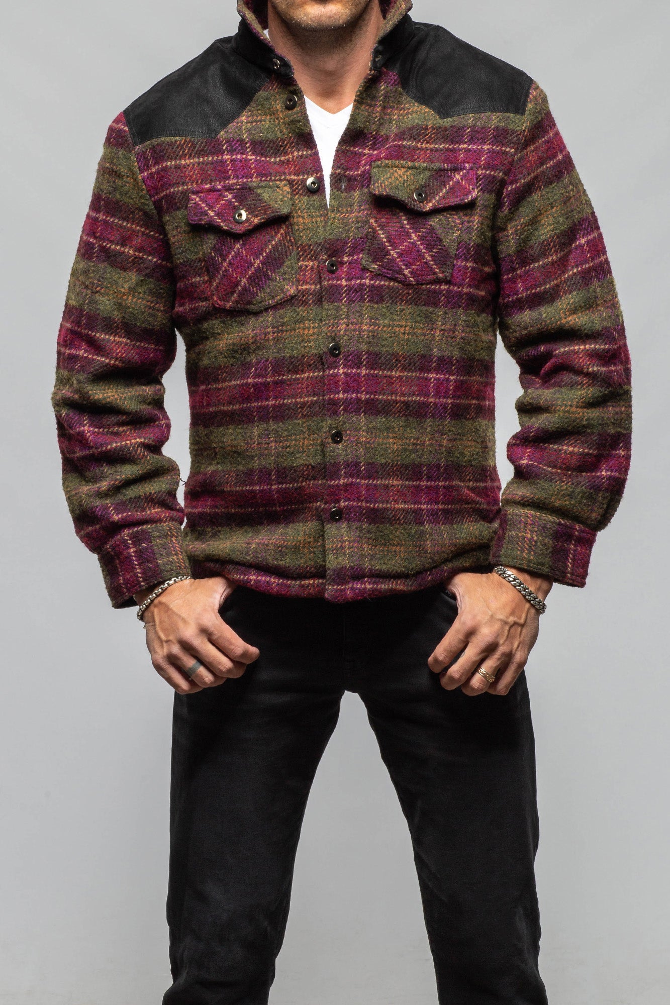 Axel's Premium Denim Colter JZ Plaid Sherpa Jacket In Olive Wine Mens - Outerwear - Lightweight