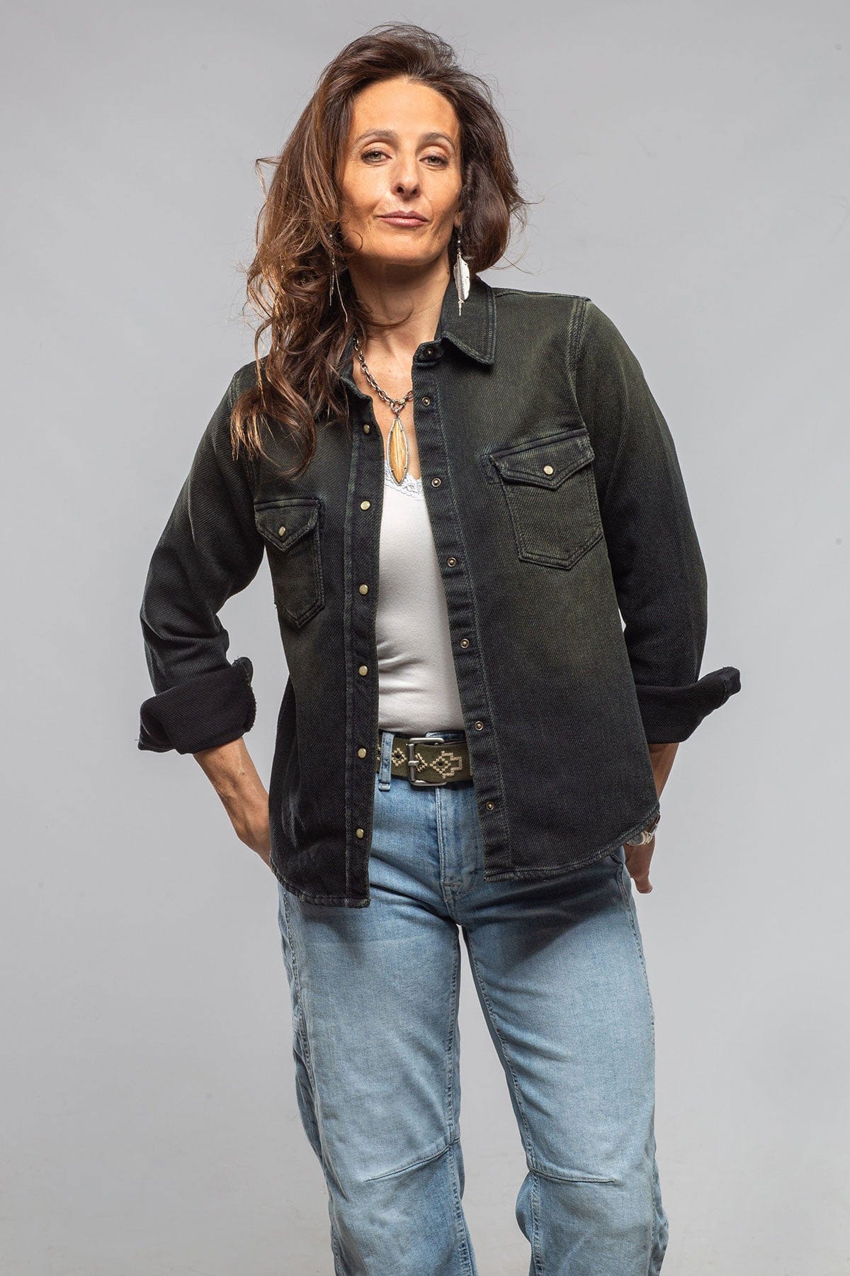 Axel's Premium Denim Dakota Western Knit Shirt In Iguana Overdye Ladies - Snap Shirts