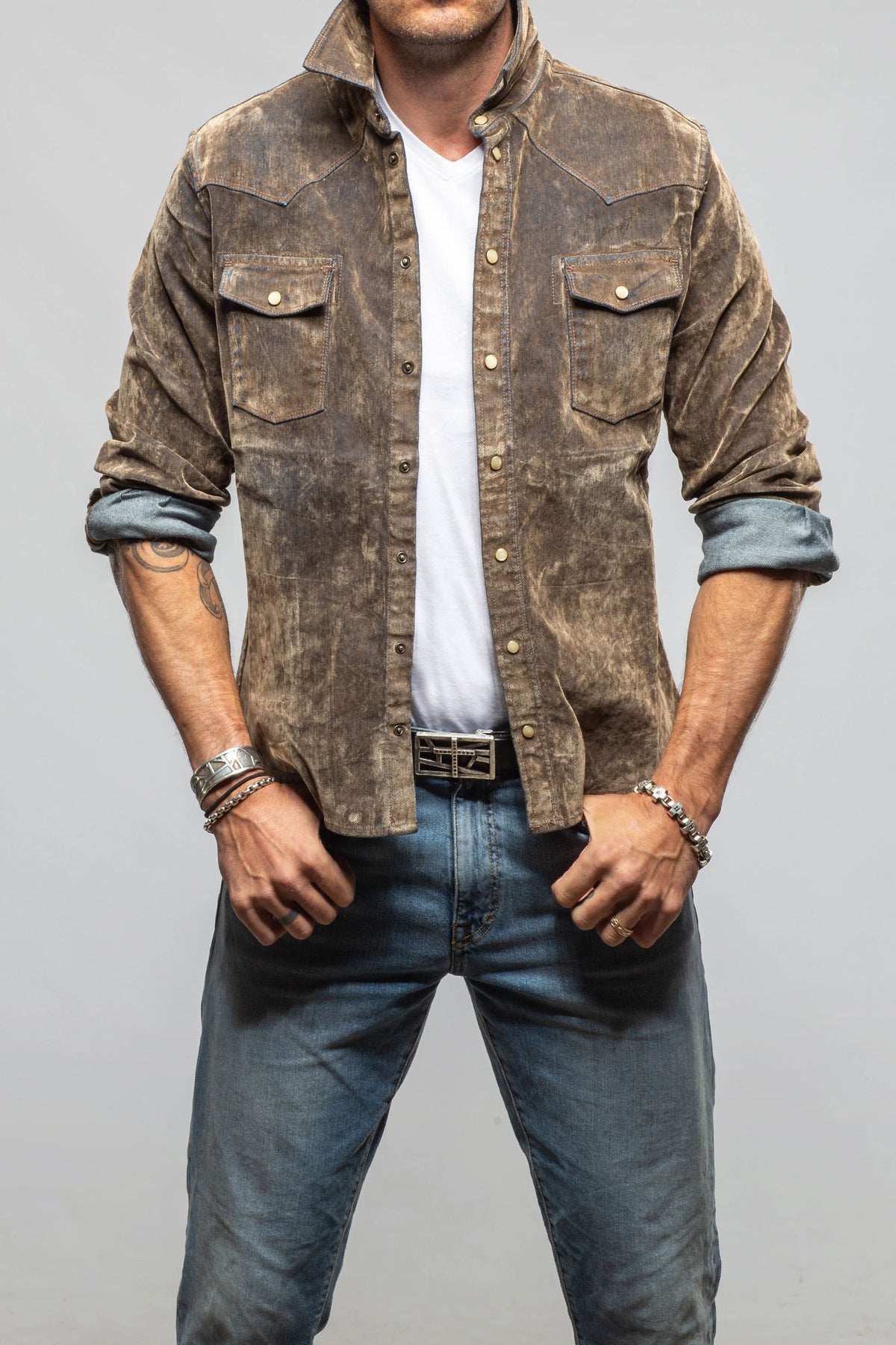 Axel's Premium Denim Joey Flocked Snap Shirt In Blue Gold Mens - Snap Shirts