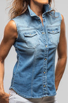 June Sleeveless Denim Snap Shirt In Light Blue Distressed - AXEL'S