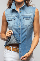 June Sleeveless Denim Snap Shirt In Light Blue Distressed - AXEL'S
