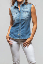 June Sleeveless Denim Snap Shirt In Light Blue Distressed - AXEL'S