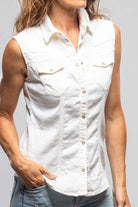 Axel's Premium Denim June Sleeveless Linen-Cotton Snap Shirt In White | Ladies - Snap Shirts
