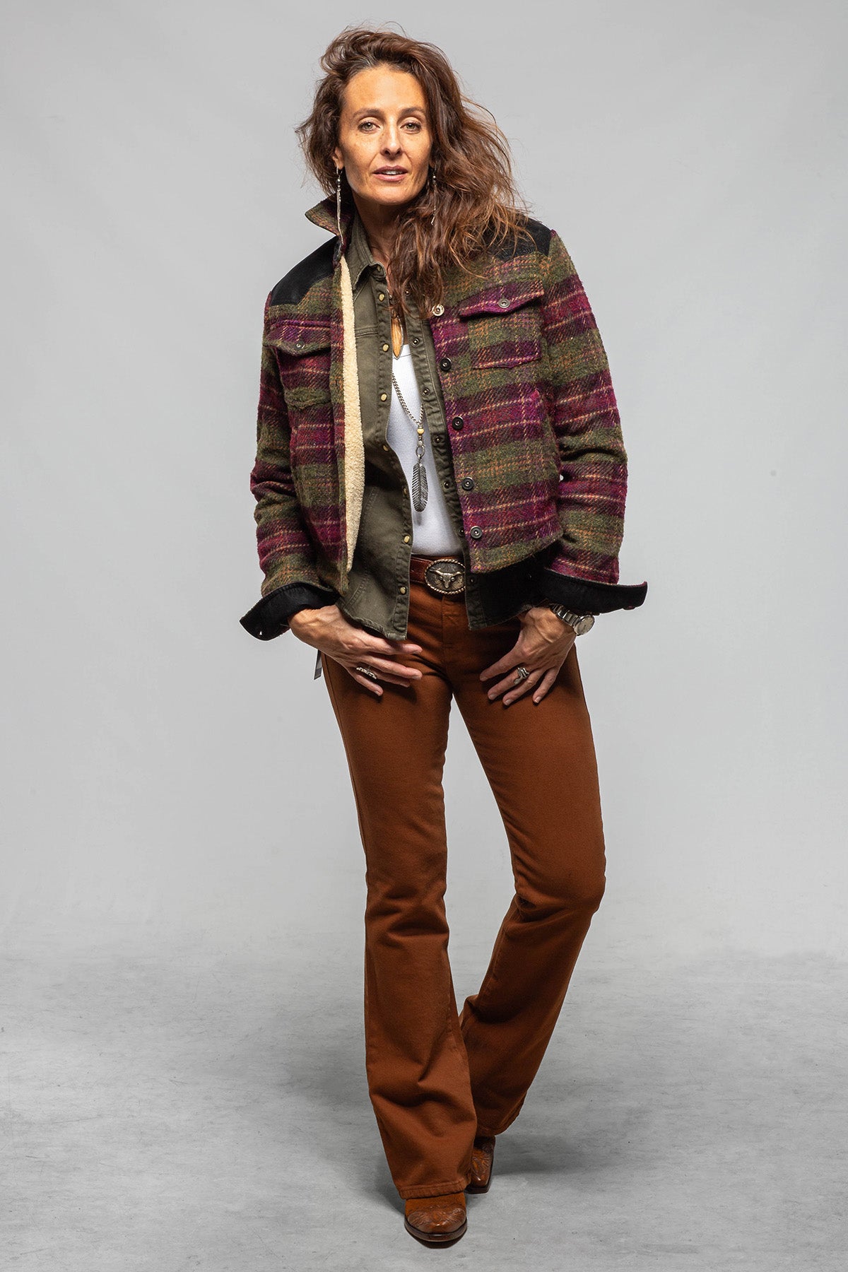Axel's Premium Denim Kasey Plaid Sherpa Jacket In Olive Wine Ladies - Outerwear - Cloth