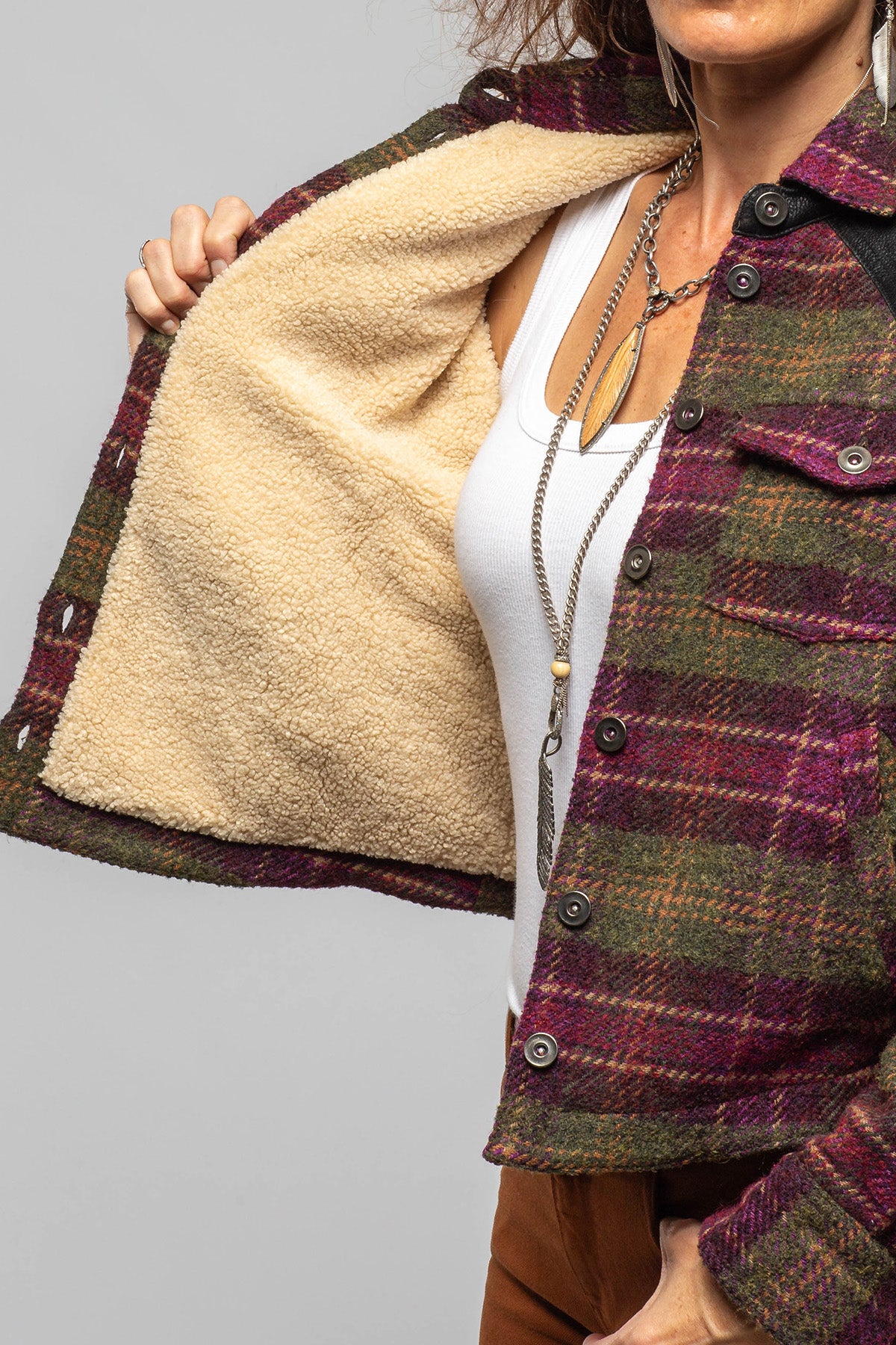 Axel's Premium Denim Kasey Plaid Sherpa Jacket In Olive Wine Ladies - Outerwear - Cloth