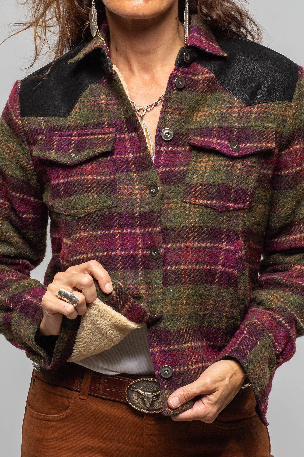 Axel's Premium Denim Kasey Plaid Sherpa Jacket In Olive Wine Ladies - Outerwear - Cloth