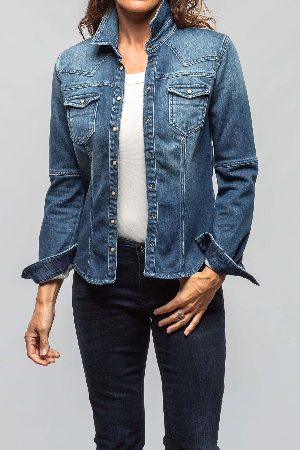 Axel's Premium Denim Maddi Fitted Western Shirt in Mid Dark Blue