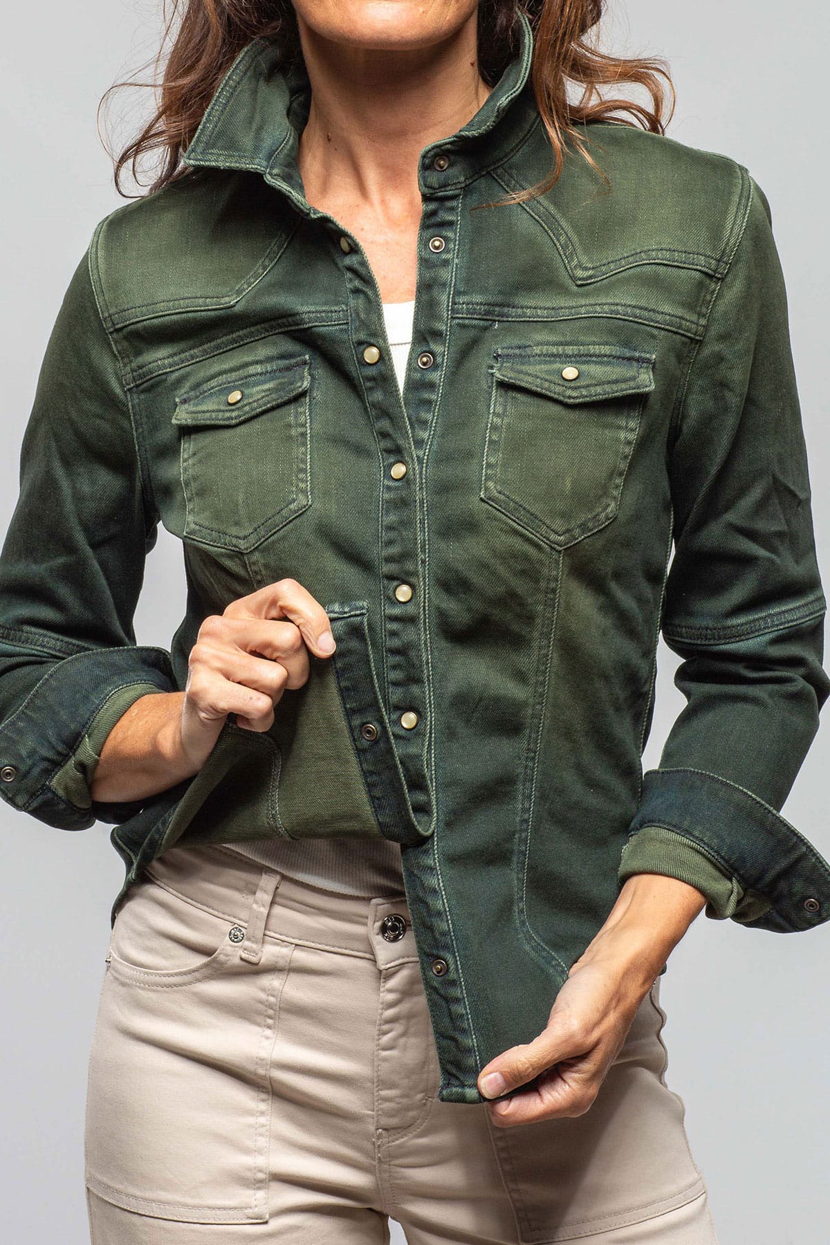 Maddi Fitted Western Snap Shirt In Avocado Over Dye - AXEL'S