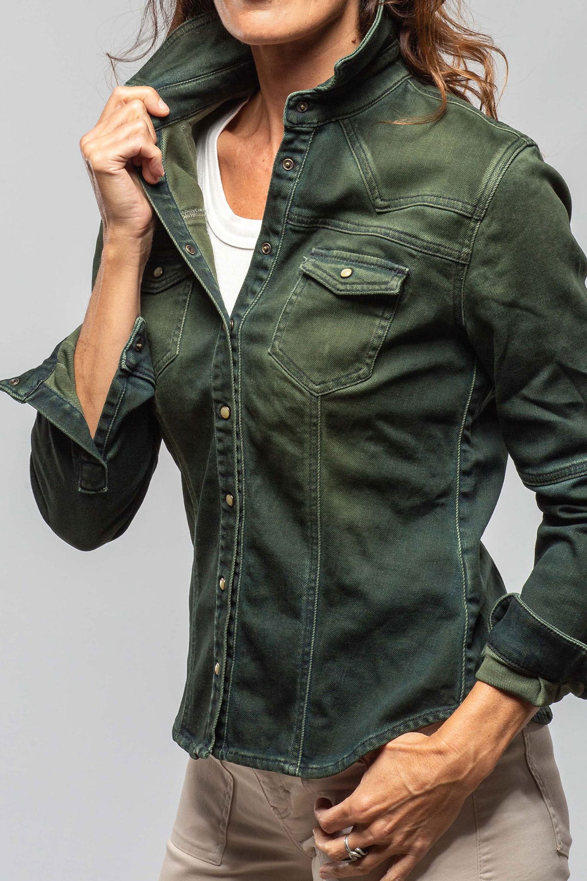 Maddi Fitted Western Snap Shirt In Avocado Over Dye - AXEL'S
