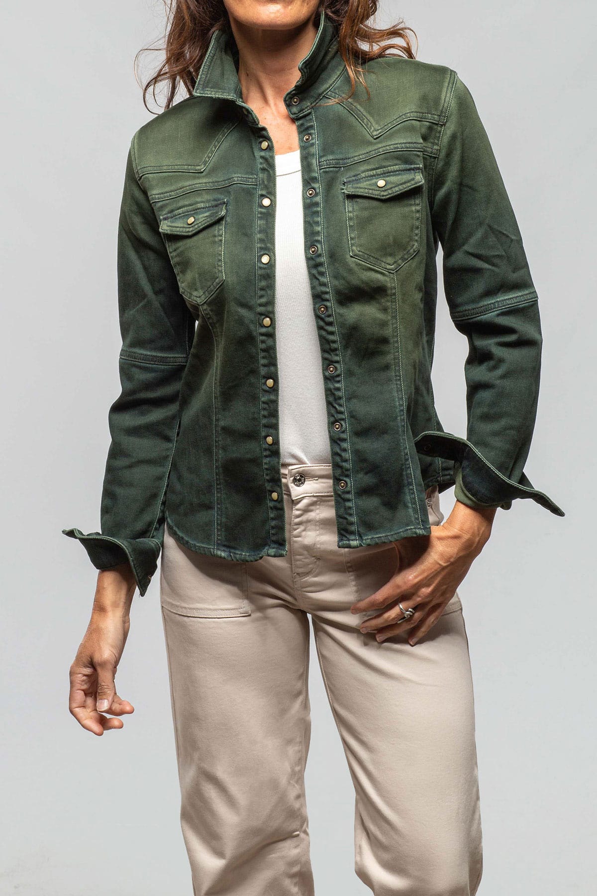 Maddi Fitted Western Snap Shirt In Avocado Over Dye - AXEL'S