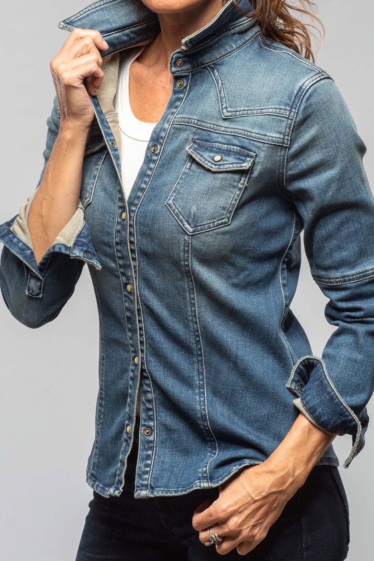 Maddi Fitted Western Snap Shirt In Mid Blue - AXEL'S