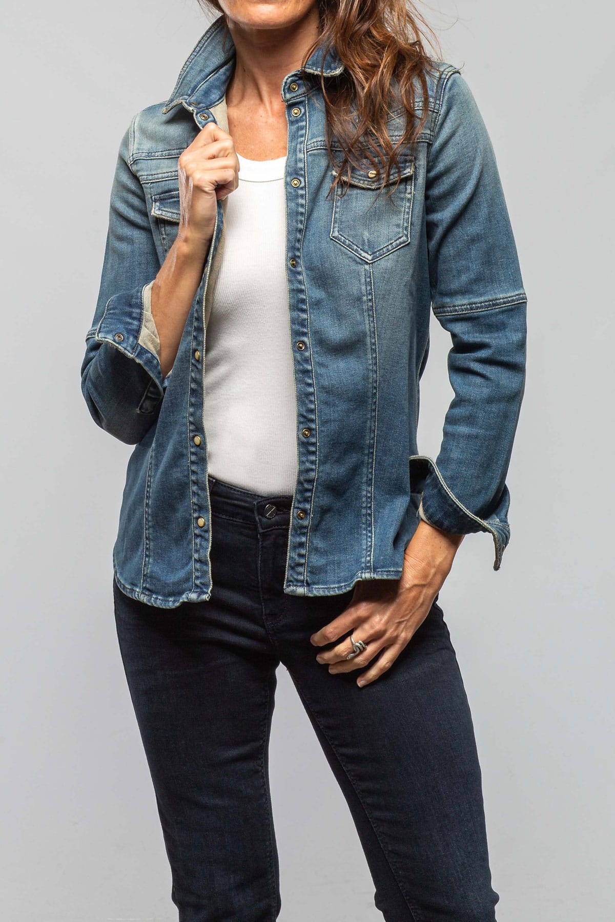 Maddi Fitted Western Snap Shirt In Mid Blue - AXEL'S