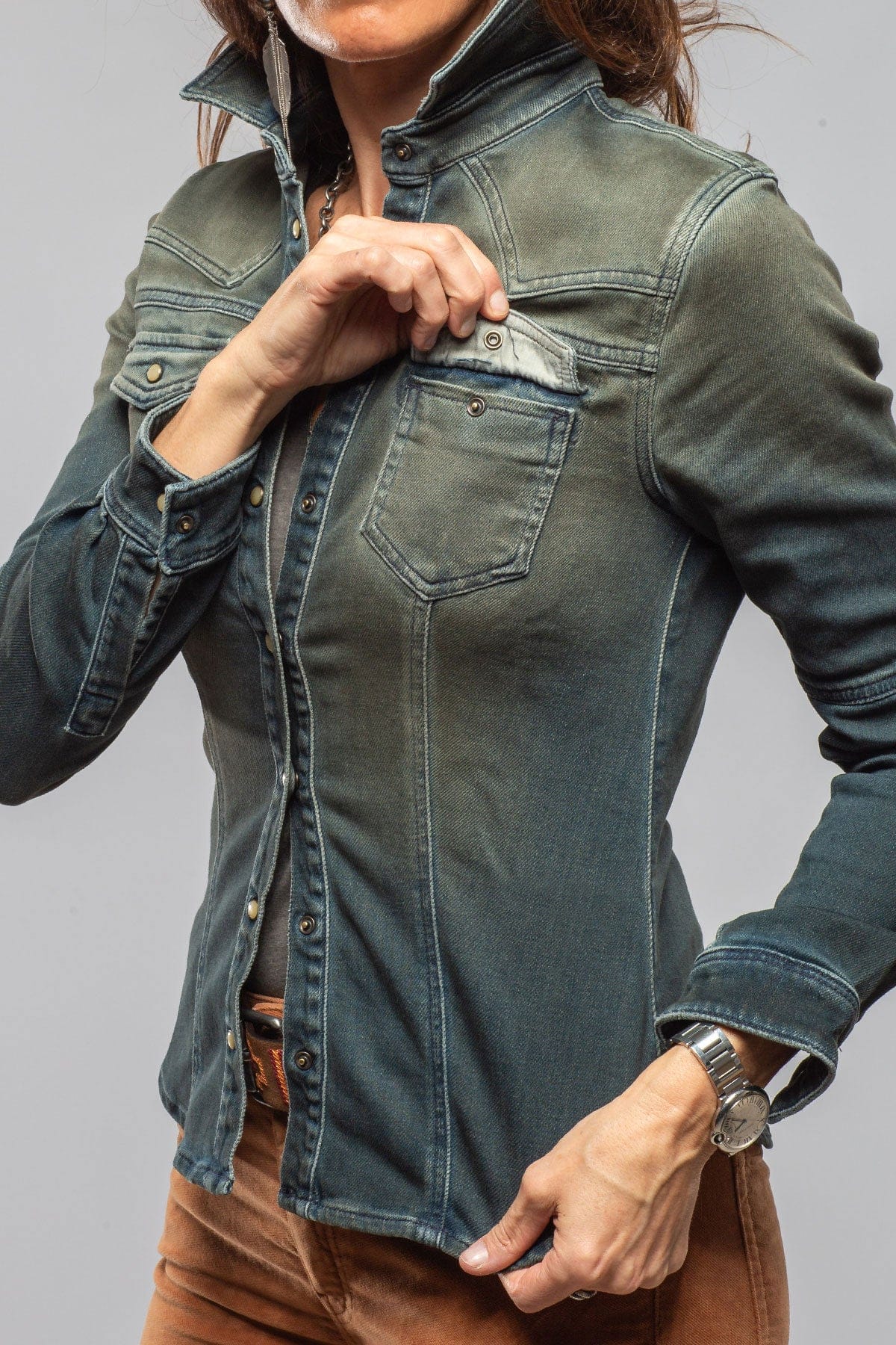 Axel's Premium Denim Maddi Western Snap Shirt In Green Over Dye