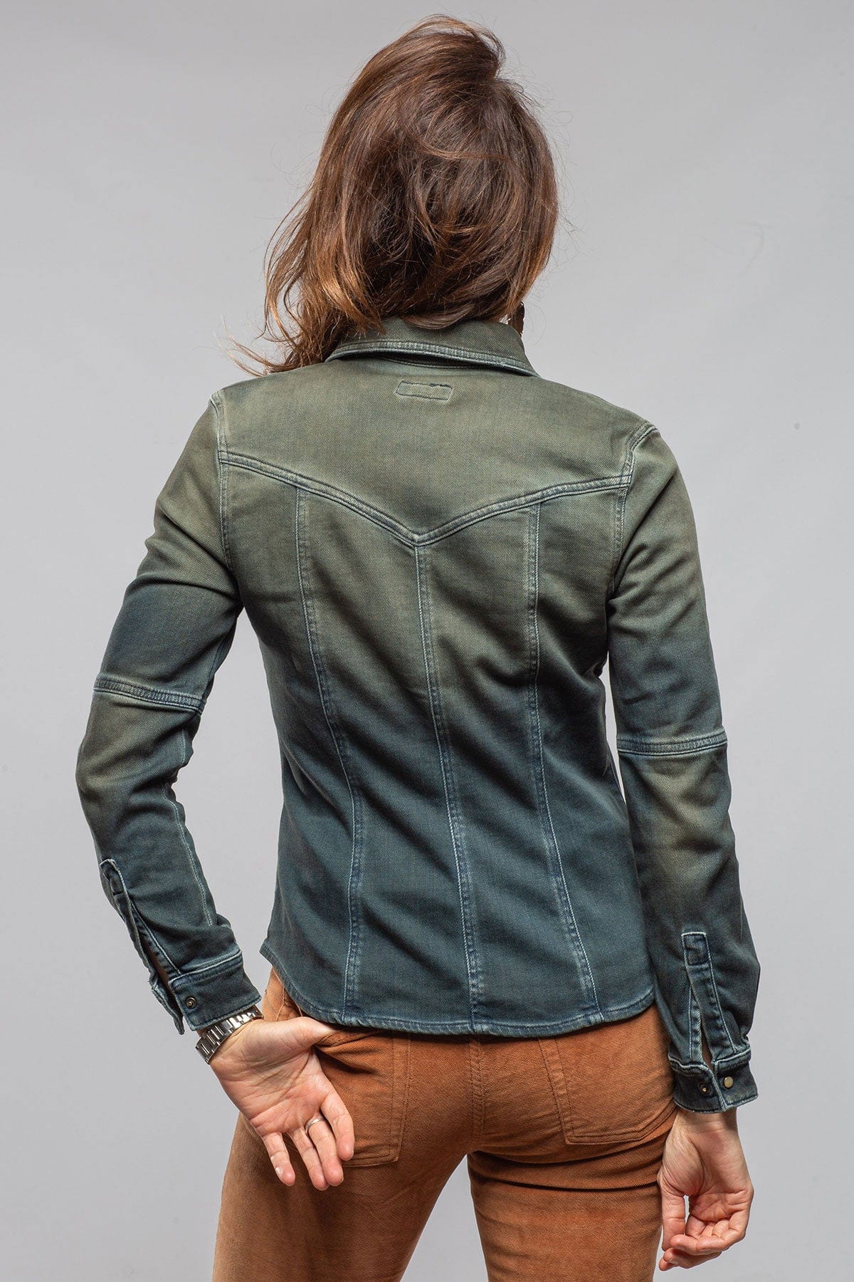 Axel's Premium Denim Maddi Western Snap Shirt In Green Over Dye