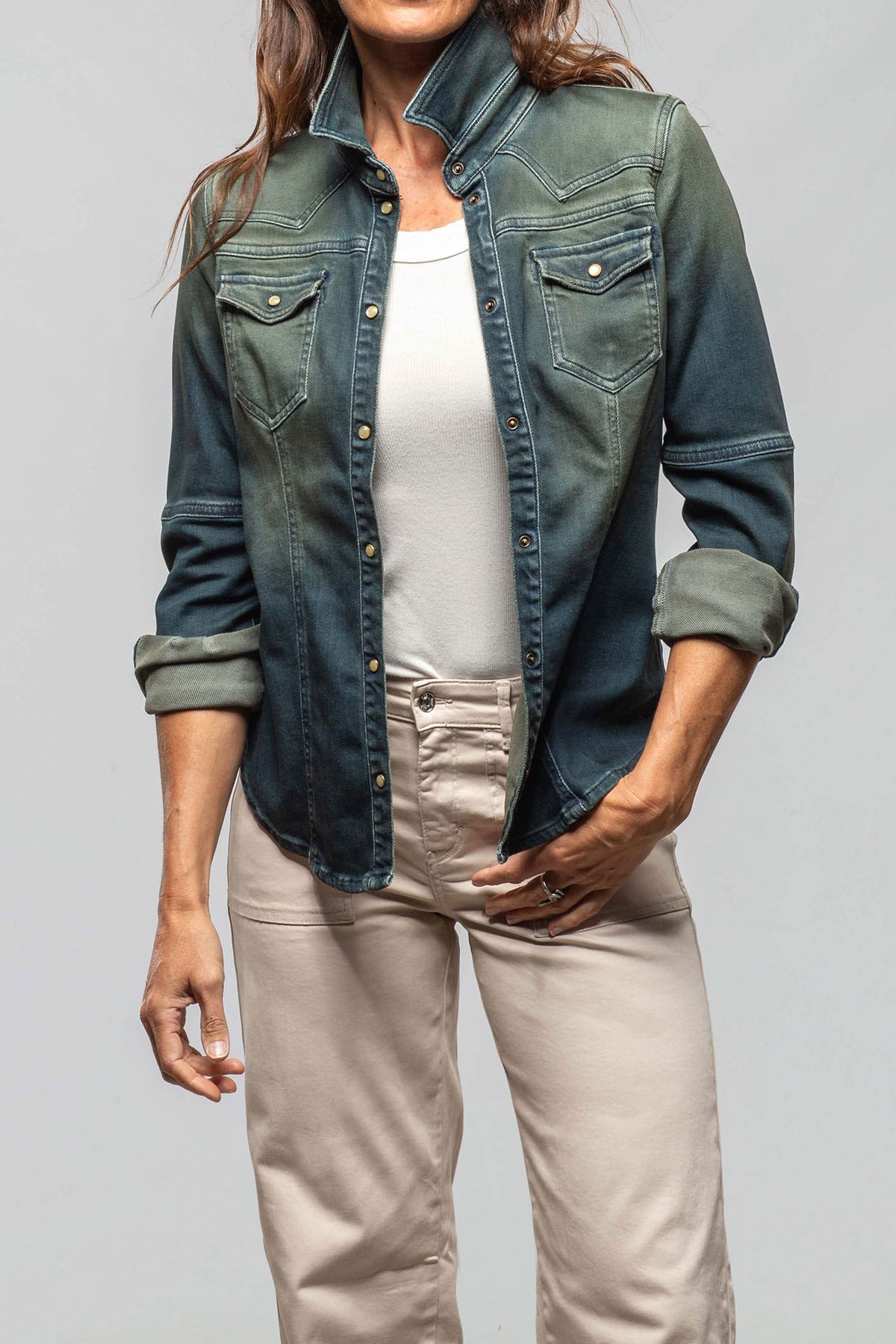 Maddi Western Snap Shirt In Green Over Dye - AXEL'S
