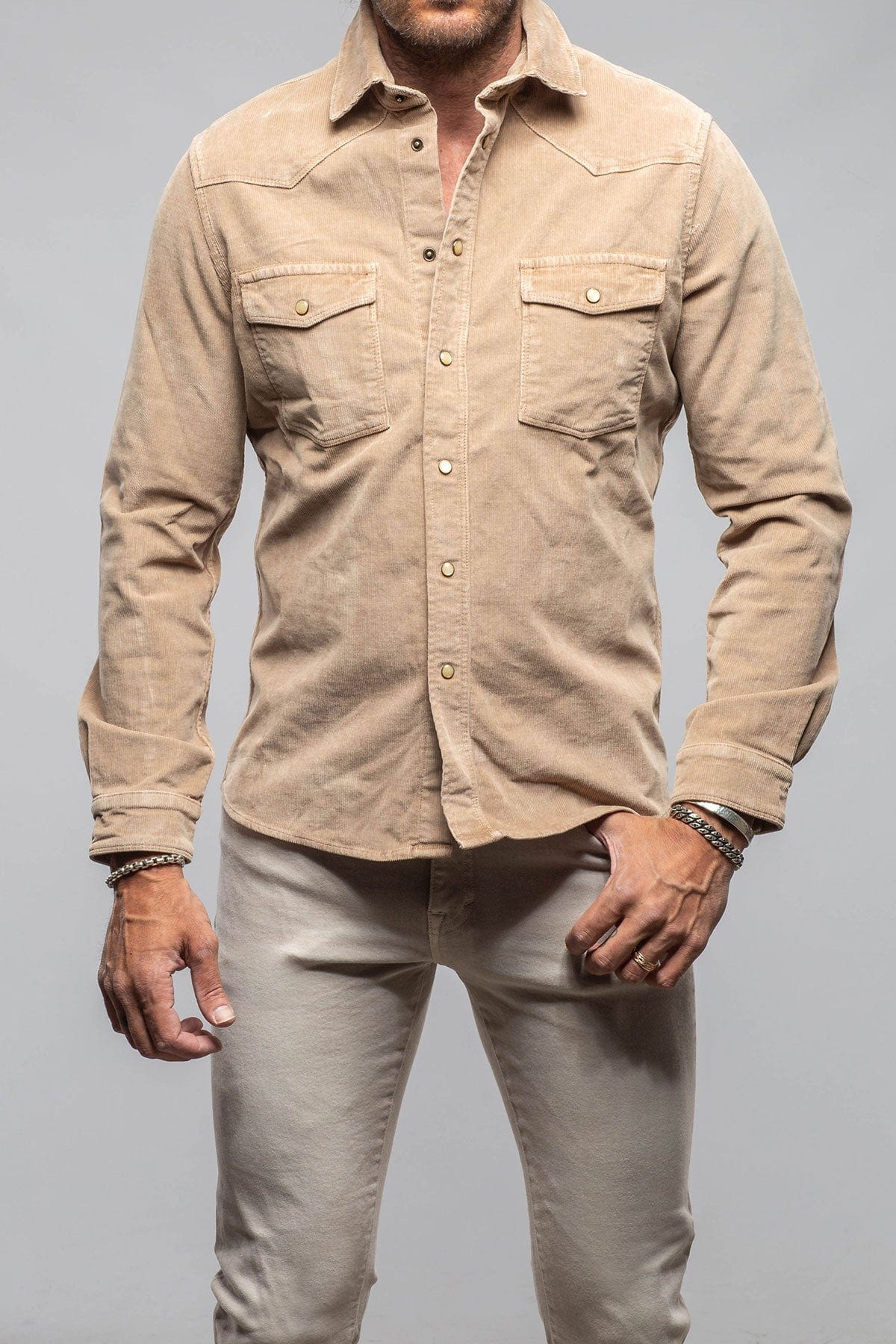 Axel's Premium Denim Prime Western Corduroy Snap Shirt In Beige