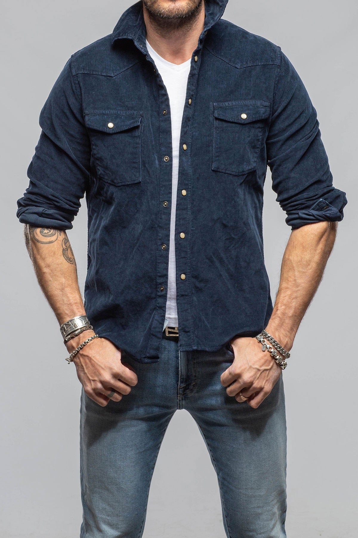 Axel's Premium Denim Prime Western Corduroy Snap Shirt In Navy