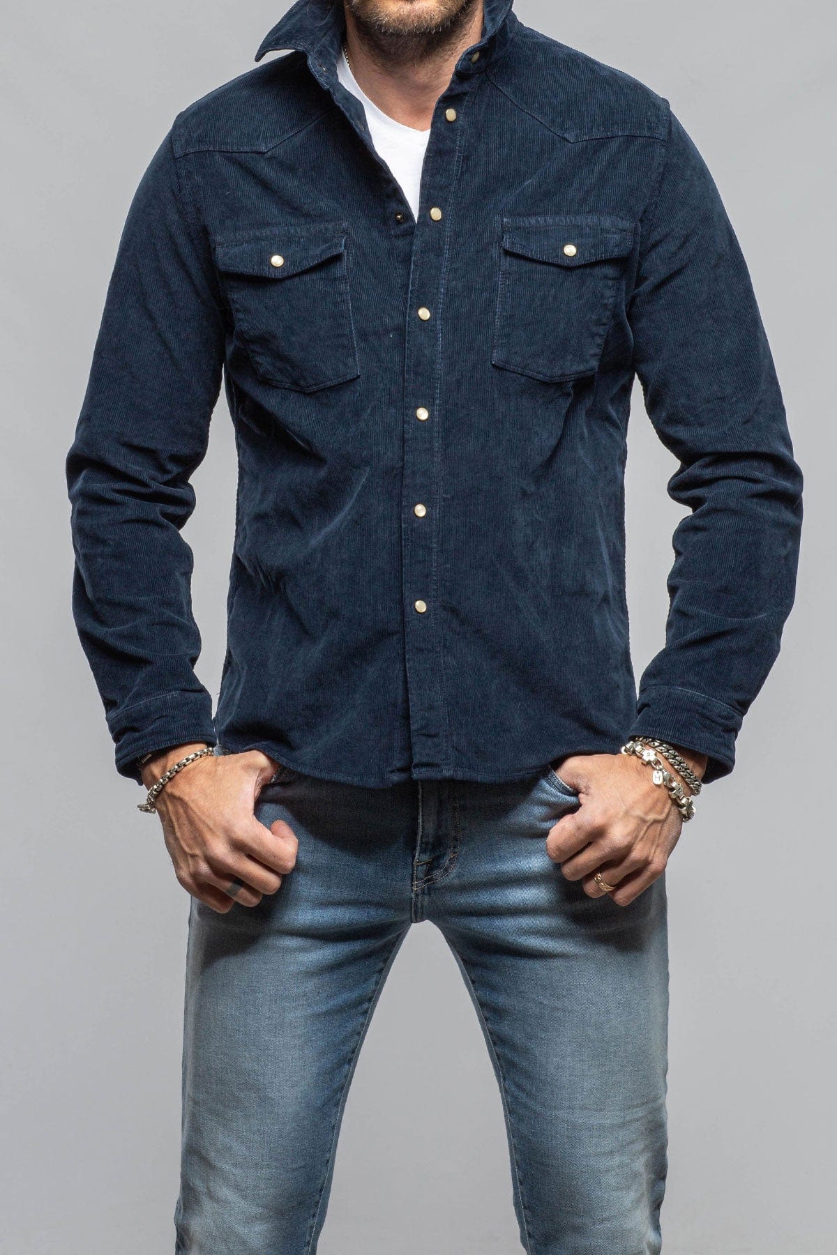 Axel's Premium Denim Prime Western Corduroy Snap Shirt In Navy