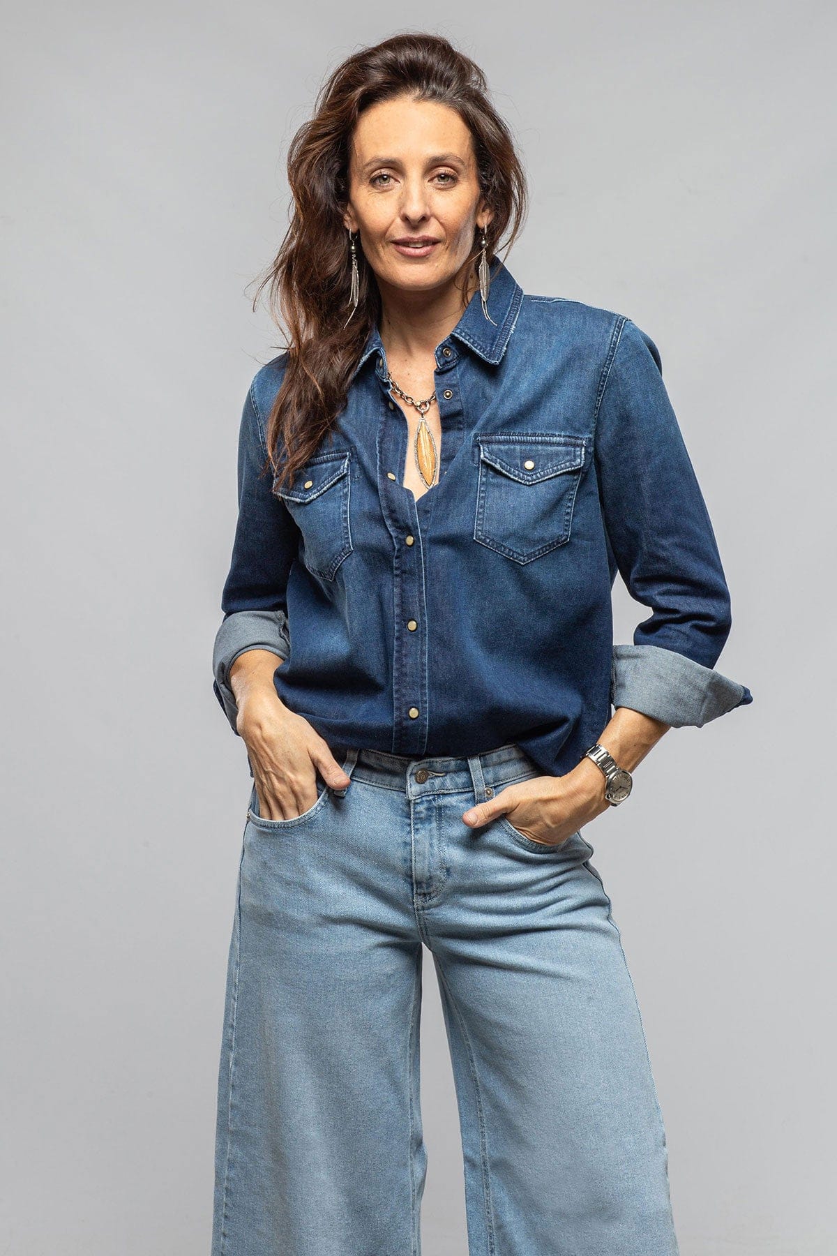 Ricky Western Chambray Shirt In Mid Dark Blue - AXEL'S