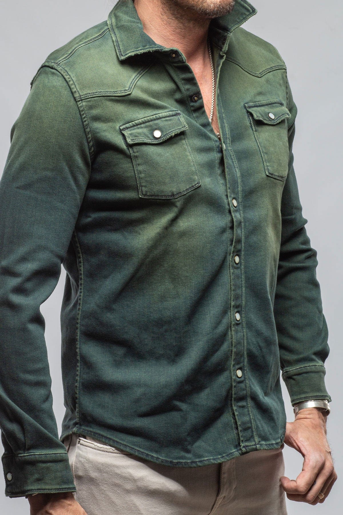 Axel's Premium Denim Roper Over-Dyed Western Snap Shirt In Avocado