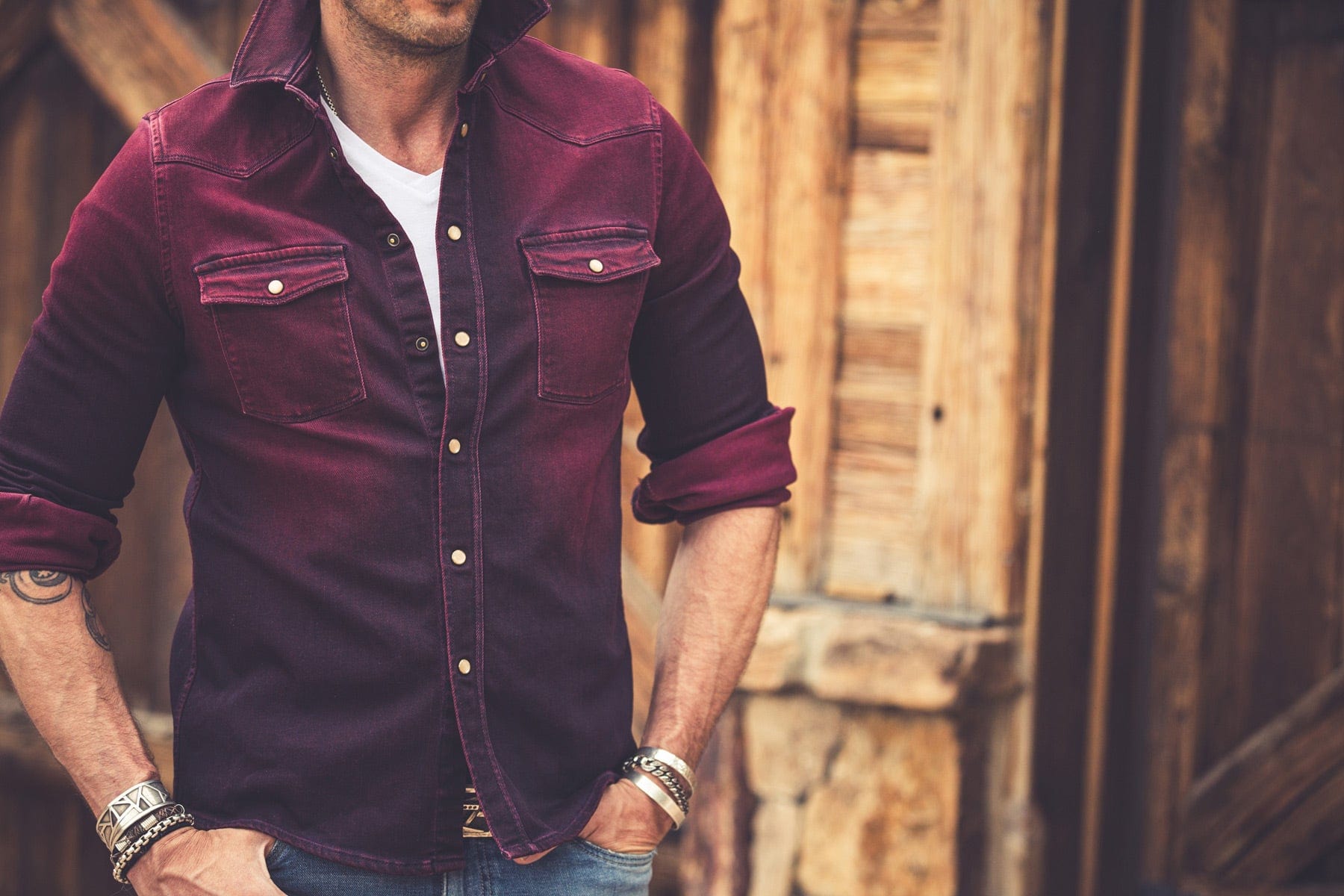Axel's Premium Denim Roper Over-Dyed Western Snap Shirt In Bordeaux Mens - Snap Shirts