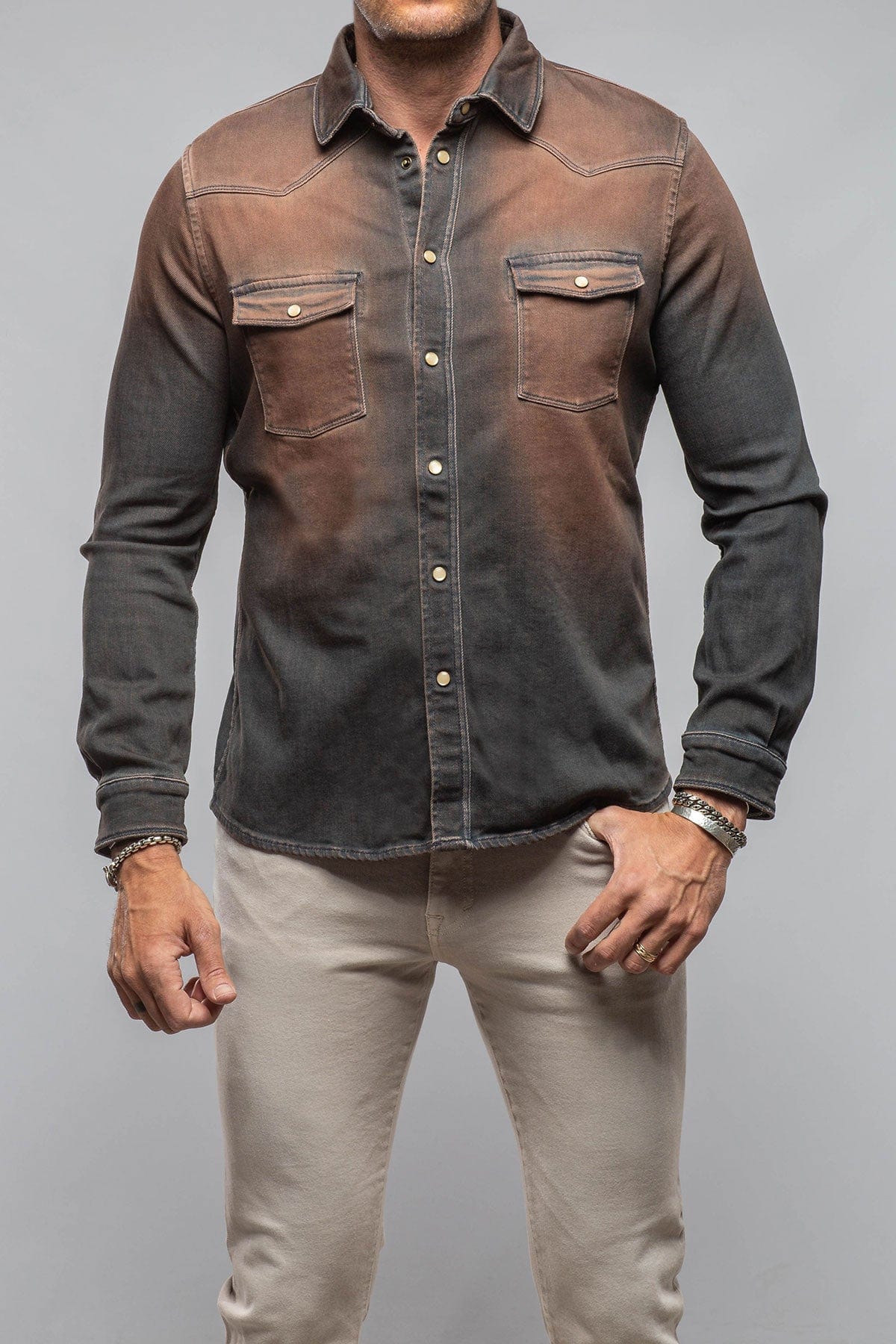 Axel's Premium Denim Roper Over-Dyed Western Snap Shirt In Desert