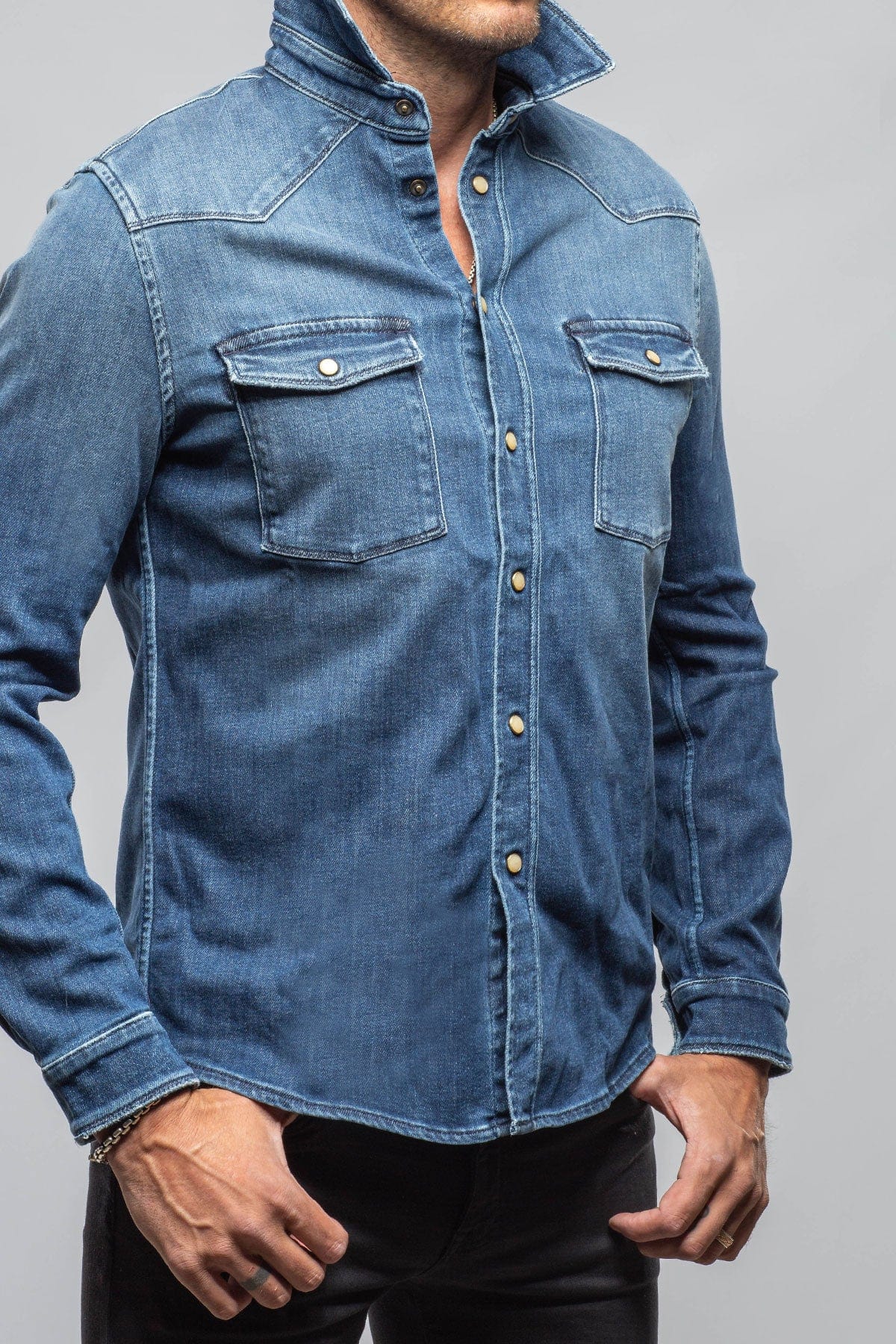 Axel's Premium Denim Roper Over-Dyed Western Snap Shirt In Medium